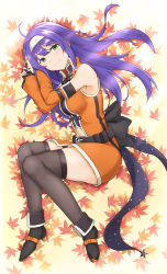 Rule 34 | 1girl, absurdres, ahoge, autumn, autumn leaves, bare shoulders, belt pouch, black bow, black gloves, black thighhighs, boots, bow, breasts, closed mouth, clothing cutout, detached sleeves, dress, fingerless gloves, fire emblem, fire emblem: radiant dawn, fire emblem heroes, full body, gloves, green eyes, hairband, highres, large breasts, leaf, long hair, looking at viewer, lying, maple leaf, mia (fire emblem), navel, navel cutout, nintendo, no headwear, official alternate costume, official art, on side, pouch, purple hair, smile, solo, takaneko, thighhighs, white hairband, wide sleeves