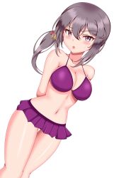 Rule 34 | 1girl, :o, absurdres, akebono (kancolle), annoyed, arms behind back, bare arms, bell, bikini, bikini skirt, black hair, blush, breasts, cleavage, collarbone, commentary request, hair bell, hair between eyes, hair ornament, highres, itsuya (hmizugucti), kantai collection, looking at viewer, medium breasts, navel, open mouth, purple bikini, purple eyes, side ponytail, sidelocks, simple background, solo, standing, swimsuit, v-shaped eyebrows, variant set, white background