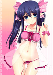 Rule 34 | 1girl, agekichi (heart shape), babydoll, bad id, bad pixiv id, black hair, blue eyes, blush, bow, breasts, female focus, fingernails, groin, hair bow, lingerie, long hair, looking at viewer, nail polish, navel, original, panties, pointy ears, see-through, side-tie panties, smile, solo, standing, thigh gap, tongue, tongue out, twintails, underwear