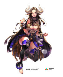 Rule 34 | 1girl, animal ears, bad id, bad pixiv id, barefoot, black thighhighs, breasts, cape, cleavage, cow ears, cow horns, full body, horns, long hair, looking at viewer, milin (orange maru), purple eyes, qurare magic library, simple background, solo, thighhighs, white background