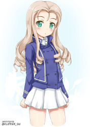 Rule 34 | 10s, 1girl, :o, arms at sides, artist name, bc freedom military uniform, blonde hair, blue background, blue jacket, blush, bright pupils, buttons, cowboy shot, cropped legs, dated, double-breasted, drill hair, flipper, forehead, girls und panzer, gradient background, green eyes, jacket, legs apart, long hair, long sleeves, looking at viewer, marie (girls und panzer), military, military uniform, miniskirt, open clothes, open jacket, parted lips, pleated skirt, sidelocks, skirt, solo, standing, tareme, thighs, twitter username, uniform, white skirt
