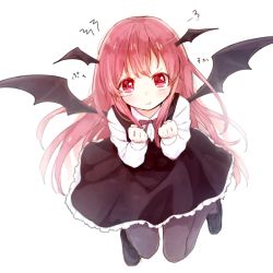 Rule 34 | 1girl, :t, angry, bat wings, blush, full body, head wings, honotai, image sample, koakuma, long hair, long sleeves, looking at viewer, pantyhose, pout, red eyes, red hair, ribbon, shirt, shoes, simple background, skirt, skirt set, solo, tears, touhou, vest, white background, wings