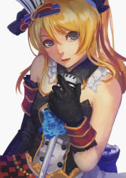 Rule 34 | 10s, 1girl, asymmetrical gloves, ayase eli, bare shoulders, black gloves, blonde hair, blue eyes, cafe maid (love live!), checkered clothes, checkered skirt, elbow gloves, gloves, hair ribbon, happy birthday, hat, lipstick, long hair, looking at viewer, love live!, love live! school idol festival, love live! school idol project, makeup, microphone stand, mismatched gloves, musical note, parted lips, ponytail, ribbon, scrunchie, shirt, skirt, sleeveless, sleeveless shirt, solo, treble clef, whitem (whiteemperor2020)