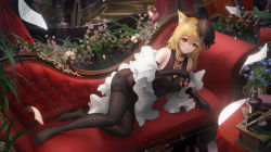 Rule 34 | 1girl, absurdres, animal ear fluff, animal ears, arknights, bare shoulders, black dress, black gloves, black headwear, black pantyhose, blonde hair, bottle, breasts, cleavage, closed mouth, couch, cup, dress, drink, drinking glass, elbow gloves, gloves, hair between eyes, highres, holding, holding cup, indoors, instrument, ling dianxia, long hair, looking at viewer, lying, medium breasts, official alternate costume, on couch, on side, pantyhose, phonograph, photoshop (medium), piano, plant, red eyes, shawl, sheet music, smile, solo, sora (arknights), sora (melodiosa) (arknights), thighband pantyhose, tilted headwear, wolf ears
