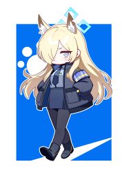 Rule 34 | 1girl, absurdres, animal ear fluff, animal ears, black footwear, black jacket, black necktie, black pantyhose, black skirt, blonde hair, blue archive, blue eyes, blue halo, blue shirt, blush, boots, closed mouth, collared shirt, concha (mamecha), extra ears, full body, hair over one eye, halo, highres, jacket, kanna (blue archive), long hair, long sleeves, looking at viewer, necktie, open clothes, open jacket, pantyhose, shirt, skirt, solo
