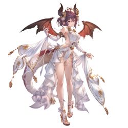 Rule 34 | 1girl, breasts, bridal gauntlets, dragon girl, dragon horns, dragon tail, dragon wings, dress, granblue fantasy, grea (shingeki no bahamut), horns, jewelry, large breasts, looking at viewer, official art, pointy ears, purple hair, red eyes, short hair, solo, tail, toes, transparent background, white dress, wings