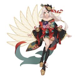 Rule 34 | 1girl, aqua eyes, bell, black legwear, chinese commentary, commentary request, earrings, facial mark, forehead mark, full body, highres, japanese clothes, jewelry, kimono, lips, long hair, looking at viewer, nail polish, off shoulder, onmyoji, platform footwear, red lips, red nails, shiliuye peekaboo, shiranui (onmyoji), simple background, solo, white background, white hair
