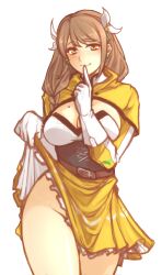 Rule 34 | 1girl, absurdres, bottomless, braid, breasts, brown hair, cleavage, clothes lift, corset, fire emblem, fire emblem engage, gloves, goldmary (fire emblem), hair ribbon, highres, large breasts, lifted by self, long hair, looking at viewer, mole, mole on breast, nintendo, no panties, ribbon, seductive smile, skirt, skirt lift, smile, solo, tridisart, white gloves, white ribbon, yellow eyes