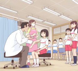 Rule 34 | 4boys, 4girls, apron, blue shorts, doctor, glasses, indoors, injection, kiyo (kyokyo1220), lab coat, long hair, mask, mouth mask, multiple boys, multiple girls, nurse, red shorts, roomscape, shirt, short sleeves, short twintails, shorts, sitting, sleeves rolled up, socks, standing, t-shirt, twintails, white footwear, white shirt