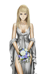 Rule 34 | 1girl, absurdres, blonde hair, bouquet, breasts, claymore (series), cleavage, dietrich, dress, flower, highres, rose, simple background, small breasts, solo, vector trace, yagi norihiro