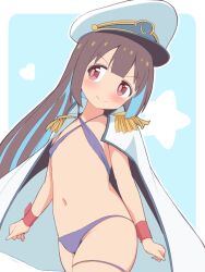 Rule 34 | 1girl, bikini, blue background, blue hair, blunt bangs, blush, border, brown eyes, brown hair, clothing cutout, coat, coat on shoulders, commentary, cowboy shot, criss-cross halter, epaulettes, flat chest, halterneck, hat, heart cutout, highres, hozuki momiji, multicolored hair, navel, official alternate hair length, official alternate hairstyle, onii-chan wa oshimai!, open clothes, open coat, outline, outside border, peaked cap, purple bikini, simple background, smile, solo, star (symbol), stomach, swimsuit, two-tone hair, unkimo, white border, white coat, white outline, wrist cuffs