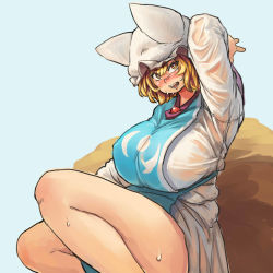 Rule 34 | 1girl, blonde hair, blue background, breasts, brown eyes, chanta (ayatakaoisii), fox tail, hat, huge breasts, multiple tails, short hair, simple background, solo, sweat, tail, thighs, touhou, yakumo ran