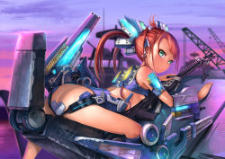 Rule 34 | 1girl, ass, ass cutout, bare shoulders, blush, breasts, butt crack, clothing cutout, elf, green eyes, headgear, highres, jishimaru, long hair, looking at viewer, mecha musume, original, pointy ears, ponytail, red eyes, sitting, small breasts, solo, straddling, underboob