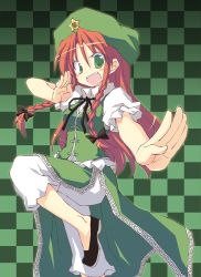 Rule 34 | &gt;:d, 1girl, :d, braid, checkered background, fighting stance, green background, green eyes, hat, hong meiling, open mouth, pants, red hair, ribbon, satou kibi, smile, solo, standing, standing on one leg, star (symbol), touhou, twin braids, v-shaped eyebrows