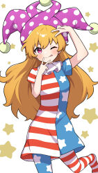 Rule 34 | 1girl, absurdres, american flag, american flag dress, american flag legwear, blonde hair, blue dress, blue pantyhose, blush, breasts, clownpiece, double v, dress, frilled shirt collar, frills, hat, highres, jester cap, leg up, miz (mizillustration), neck ruff, no wings, one eye closed, pantyhose, polka dot, polka dot headwear, purple eyes, purple hat, red dress, red pantyhose, short sleeves, simple background, small breasts, solo, standing, standing on one leg, star (symbol), star print, striped clothes, striped dress, striped pantyhose, tongue, tongue out, touhou, two-tone dress, two-tone pantyhose, v, white background