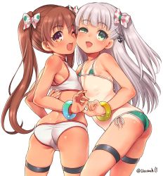 Rule 34 | 2girls, anchor, ass, bad id, bad twitter id, bikini, blush, bow, brown hair, butt crack, cheek-to-cheek, cowboy shot, dark-skinned female, dark skin, fang, flat chest, hair bow, hair ornament, heads together, inactive account, kantai collection, libeccio (kancolle), long hair, looking at viewer, maestrale (kancolle), micro bikini, multiple girls, ok sign, one-piece tan, one eye closed, open mouth, penetration gesture, ponytail, side-tie bikini bottom, side ponytail, silver hair, simple background, swimsuit, tan, tanline, thighs, twintails, twitter username, uousa-ou, white background