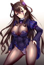 Rule 34 | 1girl, blush, bodystocking, breasts, brown hair, cleavage, commentary request, cone hair bun, fate/grand order, fate (series), frills, fukuda shuushi, gradient background, hair bun, hand on own hip, highres, juliet sleeves, large breasts, long hair, long sleeves, murasaki shikibu (fate), panties, panties under pantyhose, pantyhose, parted lips, puffy sleeves, purple eyes, shiny clothes, simple background, solo, turtleneck, underwear, wide sleeves