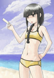 Rule 34 | 1girl, bikini, black eyes, black hair, blue sky, blunt bangs, braid, cloud, commentary request, cowboy shot, food, hair over shoulder, hand on own hip, highres, holding, holding food, holding popsicle, kantai collection, kitakami (kancolle), navel, ocean, popsicle, shore, sidelocks, single braid, sky, solo, swimsuit, tsukuan, yellow bikini