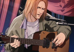 Rule 34 | 1boy, acoustic guitar, blue eyes, brown hair, character name, commentary, curtains, facial hair, grey jacket, guitar, highres, holding, holding guitar, holding instrument, instrument, jacket, jewelry, kurt cobain, left-handed, long sleeves, looking down, male focus, medium hair, microphone, microphone stand, music, mustache, nirvana (band), open clothes, open jacket, open mouth, playing instrument, real life, rest in peace (phrase), ring, shirt, signal 1120, singing, solo, stubble, upper body, white shirt