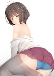 Rule 34 | 1girl, ahoge, bad id, bad pixiv id, bare shoulders, blue panties, blunt bangs, blush, brown hair, closed mouth, grey pantyhose, kantai collection, kishinami (kancolle), looking at viewer, looking back, ne an ito, open clothes, open shirt, panties, pantyhose, see-through, simple background, skirt, smile, solo, thighs, underwear, white background, yellow eyes