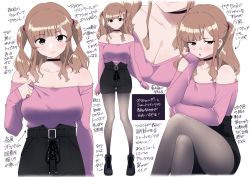 Rule 34 | 1girl, :o, bare shoulders, black choker, black footwear, black shorts, blunt bangs, blush, breasts, choker, cleavage, closed mouth, grey pantyhose, head rest, high-waist shorts, kuro (toi et moi), large breasts, light brown hair, lips, long hair, long sleeves, multiple views, off shoulder, open mouth, original, pantyhose, pink shirt, shirt, shorts, two side up