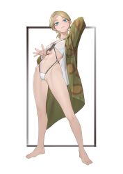 Rule 34 | 1girl, arm up, barefoot, bikini, black border, blonde hair, blue eyes, border, borrowed character, breasts, buttons, camouflage, camouflage jacket, cleavage, closed mouth, collarbone, commentary, erika (sebastian z), feet, full body, highres, jack arms, jacket, legs, long hair, long sleeves, looking at viewer, low ponytail, military, navel, original, pocket, simple background, small breasts, solo, spread legs, standing, stomach, swimsuit, toes, white background, white bikini, world war ii