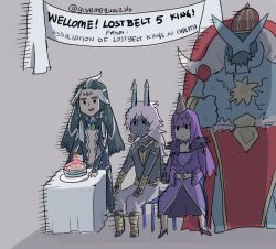 Rule 34 | 1girl, 3boys, arjuna (fate), arjuna alter (fate), balloon, banner, black eyes, black hair, bodysuit, cake, chair, commentary, crown, dark-skinned male, dark skin, english commentary, eyeshadow, fate/grand order, fate (series), food, forehead jewel, giant, giant male, hat, horns, ivan the terrible (fate), makeup, multicolored hair, multiple boys, party hat, party horn, pelvic curtain, pyon (givemequartzplz), scathach (fate), scathach skadi (fate), shi huang di (fate), table, topless male, trait connection, two-tone hair, white hair