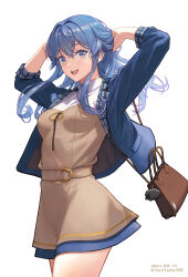 Rule 34 | 1girl, :d, bag, belt, blue eyes, blue hair, blue jacket, brown dress, commentary request, dress, gotland (kancolle), handbag, highres, jacket, kantai collection, long hair, looking at viewer, mole, mole under eye, o-ring, o-ring belt, official alternate costume, open mouth, smile, solo, tantaka, turtleneck, white background