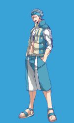 Rule 34 | 1boy, :o, abs, blue background, blue headband, blue shorts, creatures (company), crop top, full body, game freak, gen 1 pokemon, grey hair, gyarados, hands in pockets, headband, highres, jacket, looking at viewer, male focus, nintendo, personification, pokemon, red eyes, sandals, short hair, shorts, simple background, solo, standing, woborou