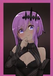 Rule 34 | 1girl, bare shoulders, black dress, black sleeves, breasts, closed mouth, dark-skinned female, dark skin, detached sleeves, dress, fate/prototype, fate/prototype: fragments of blue and silver, fate (series), hair between eyes, hand up, hassan of serenity (fate), head tilt, highres, i.u.y, long sleeves, looking at viewer, pointy ears, purple eyes, purple hair, sleeveless, sleeveless dress, sleeves past wrists, small breasts, smile, solo, upper body