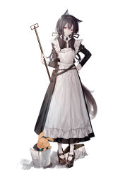 Rule 34 | 0 (znanimo), 1girl, :/, absurdres, alternate costume, amiya (arknights), animal ears, apron, arknights, bag, black dress, black footwear, black hair, black hairband, black ribbon, bucket, character doll, closed mouth, collared dress, commentary, dress, enmaided, expressionless, full body, hair between eyes, hair ribbon, hairband, hand on own hip, highres, holding, holding mop, long hair, long sleeves, looking at viewer, maid, maid apron, mop, necktie, orange eyes, ribbon, satchel, sidelocks, simple background, sleeve cuffs, solo, standing, symbol-only commentary, tail, texas (arknights), tress ribbon, white apron, white background, white necktie, wolf ears, wolf girl, wolf tail