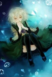 Rule 34 | 1girl, apt, blue background, bubble, covered mouth, eyelashes, closed eyes, fish, green hair, green nails, hands on own face, heart, komeiji koishi, nail polish, short hair, skirt, solo, thighhighs, third eye, touhou, underwater
