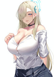 Rule 34 | 1girl, absurdres, asuna (blue archive), bare shoulders, black choker, black skirt, blonde hair, blue archive, blue eyes, blue ribbon, blush, breasts, choker, cleavage, commentary request, hair ornament, hair over one eye, hair ribbon, halo, highres, large breasts, long hair, long sleeves, looking at viewer, mole, mole on breast, namazu (yamasonson), off shoulder, one eye covered, parted lips, ribbon, shirt, shirt tucked in, simple background, skirt, smile, white background, white shirt