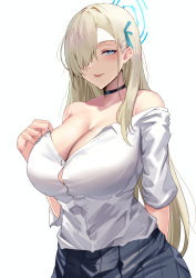 1girl absurdres asuna_(blue_archive) bare_shoulders black_choker black_skirt blonde_hair blue_archive blue_eyes blue_ribbon blush breasts choker cleavage commentary_request hair_ornament hair_over_one_eye hair_ribbon halo highres large_breasts long_hair long_sleeves looking_at_viewer mole mole_on_breast namazu_(yamasonson) off_shoulder one_eye_covered parted_lips ribbon shirt shirt_tucked_in simple_background skirt smile white_background white_shirt