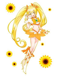 Rule 34 | 10s, 1girl, blonde hair, boots, bow, brooch, chimu (chimoon), creature, cure sunshine, flower, full body, heart, heart brooch, heartcatch precure!, jewelry, knee boots, long hair, magical girl, midriff, myoudouin itsuki, navel, orange bow, orange skirt, potpourri (heartcatch precure!), precure, ribbon, skirt, smile, sunflower, twintails, white background, wrist cuffs, yellow eyes