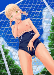 Rule 34 | 1girl, blonde hair, blush, chain-link fence, clothes pull, cloud, covering own mouth, embarrassed, female focus, fence, flat chest, from below, green eyes, highres, looking at viewer, looking down, low twintails, nipples, one-piece swimsuit, one-piece swimsuit pull, original, peeing, peeing self, school swimsuit, short hair, short twintails, sky, solo, swimsuit, tree, tsuttsu, twintails