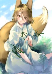 Rule 34 | 1girl, animal ears, blonde hair, blush, cloud, eyes visible through hair, flat chest, fox ears, fox girl, fox tail, grass, green ribbon, highres, holding, holding test tube, jitome, jumpsuit, kudamaki tsukasa, lips, looking at viewer, meji aniki, outdoors, petite, ribbon, romper, short hair, short sleeves, sitting, sky, smile, tail, test tube, touhou, unconnected marketeers, vial, white jumpsuit, wide hips, yellow eyes