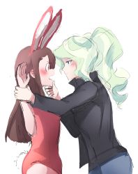 Rule 34 | 2girls, alternate costume, alternate hairstyle, animal ears, blush, brown hair, playboy bunny, couple, diana cavendish, embarrassed, eye contact, highres, kagari atsuko, little witch academia, looking at another, multicolored hair, multiple girls, ponytail, red theme, simple background, yuri