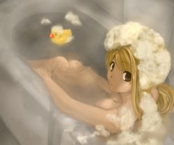 Rule 34 | 1girl, bad id, bad pixiv id, bath, bathing, bathroom, bathtub, blonde hair, breasts, brown eyes, dutch angle, foam, from above, full body, indoors, knees up, light smile, long hair, looking at viewer, looking back, nanaonal, nude, original, parted bangs, partially submerged, rubber duck, shampoo, sitting, smile, soap bubbles, solo, tile wall, tiles, toy, water