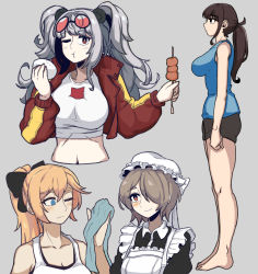 Rule 34 | 4girls, ;t, animal ears, arknights, bare legs, bianka durandal ataegina, black eyes, black hair, black shorts, blonde hair, blue eyes, blue shirt, breasts, character request, clenched hand, collarbone, commentary request, copyright request, crop top, cropped jacket, cropped torso, dinoyhs, feater (arknights), feater (gourmet) (arknights), food, full body, genshin impact, grey background, grey hair, hair over one eye, hand up, hat, highres, holding, holding food, jacket, jean (genshin impact), large breasts, long hair, long sleeves, looking at viewer, low ponytail, midriff, mob cap, multiple girls, navel, official alternate costume, open clothes, open jacket, panda ears, red eyes, red jacket, resolution mismatch, rita rossweisse, shirt, short shorts, shorts, simple background, sleeveless, sleeveless shirt, source larger, standing, stomach, t-shirt, thighs, twintails, upper body, white headwear, white shirt