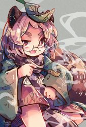 Rule 34 | 1girl, animal ears, blush, brown eyes, brown hair, brown skirt, checkered clothes, checkered scarf, futatsuiwa mamizou, glasses, highres, holding, holding smoking pipe, leaf, leaf on head, long hair, long sleeves, mame komari, one-hour drawing challenge, open mouth, raccoon ears, raccoon tail, round eyewear, scarf, skirt, smile, smoking pipe, solo, tail, touhou, wide sleeves