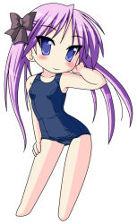 Rule 34 | 00s, barefoot, blue eyes, chibi, hair ribbon, hiiragi kagami, lucky star, neopure, one-piece swimsuit, purple hair, ribbon, school swimsuit, solo, swimsuit, twintails