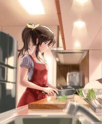 Rule 34 | 1girl, apron, blue eyes, blue shirt, blurry, blurry foreground, bow, bowl, brown hair, collarbone, cooking, cooking pot, cutting board, egg, faucet, from side, hair bow, hair ribbon, holding, holding knife, idolmaster, idolmaster million live!, idolmaster million live! theater days, indoors, kitchen, kitchen knife, knife, long hair, looking at another, ponytail, pork, red apron, refrigerator, ribbon, rice, satake minako, shirt, short sleeves, sidelocks, smile, solo, spring onion, twitter username, u8 sc38x4, waist bow, yellow ribbon