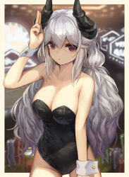 Rule 34 | 1girl, asicah, bare shoulders, beige border, black leotard, blurry, blurry background, breasts, cleavage, covered navel, cowboy shot, dated, dioreta (asicah), grey hair, groin, hand up, horns, large breasts, leotard, long hair, looking at viewer, original, outside border, playboy bunny, poker chip, purple eyes, salute, solo, two-finger salute, wrist cuffs