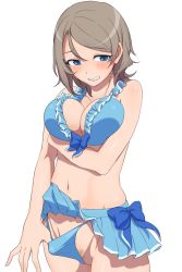 Rule 34 | 10s, 1girl, bad id, bad twitter id, bikini, bikini bottom aside, bikini pull, bikini skirt, bikini top only, blue bikini, blue eyes, blush, bow, bow bikini, breast hold, breast lift, breasts, brown hair, cleavage, clothes lift, clothes pull, clothing aside, colored pubic hair, cowboy shot, embarrassed, female pubic hair, frill trim, frilled bikini, frills, from side, grin, head tilt, highres, large breasts, looking down, love live!, love live! sunshine!!, navel, one-piece swimsuit pull, pleated skirt, pubic hair, pulling own clothes, short hair, simple background, skirt, skirt lift, smile, solo, standing, swept bangs, swimsuit, tsukasa (tsukasunshine), watanabe you, wedgie, white background