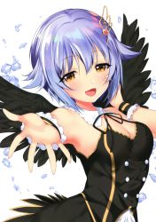 Rule 34 | 10s, 1girl, :d, absurdres, armpits, black dress, black ribbon, black wings, blush, breasts, cleavage, crystal, detached collar, dress, feathered wings, hair ornament, hairclip, hand on own chest, highres, idolmaster, idolmaster cinderella girls, koshimizu sachiko, light purple hair, mataro (matarou), open mouth, orange eyes, ribbon, scan, short hair, small breasts, smile, solo, wings, wrist cuffs