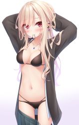 Rule 34 | 1girl, arms behind head, arms up, bikini, bikini under clothes, black bikini, black jacket, blonde hair, blush, breasts, closed mouth, clothes pull, collarbone, commentary request, ear piercing, eyes visible through hair, gradient background, grey skirt, hair over one eye, hair tie, hair tie in mouth, halterneck, highres, jacket, jewelry, layered bikini, long hair, long sleeves, looking at viewer, medium breasts, mouth hold, navel, o-ring, o-ring bikini, o-ring top, open clothes, open jacket, open shirt, original, pendant, piercing, pleated skirt, purple background, red eyes, shirt, skirt, skirt pull, solo, string bikini, swimsuit, very long hair, white background, white shirt, yoye (pastel white)
