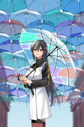 Rule 34 | 1girl, adapted costume, alternate costume, black eyes, commentary request, cowboy shot, dress, hair between eyes, highres, holding, holding umbrella, kantai collection, long hair, looking at viewer, machi (ritovoyage), nagato (kancolle), red eyes, red thighhighs, sky, solo, thighhighs, transparent, transparent umbrella, two-tone dress, umbrella, white dress