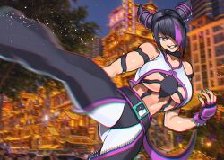 Rule 34 | 1girl, akisu k, bare shoulders, belt, black hair, blurry, blurry background, bracelet, breasts, city, evil grin, evil smile, fingerless gloves, gloves, green nails, grin, hair over one eye, han juri, high kick, jewelry, kicking, large breasts, looking at viewer, motion blur, multicolored hair, nail polish, navel, night, night sky, outdoors, pink eyes, pink gloves, pink hair, sky, smile, solo, spiked bracelet, spikes, stomach, streaked hair, street fighter, teeth, v-shaped eyebrows
