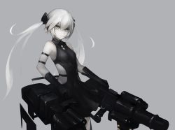 Rule 34 | 1girl, black dress, black theme, breasts, closed mouth, destroyer (girls&#039; frontline), dress, expressionless, girls&#039; frontline, grey background, grey eyes, grey hair, grey theme, gyup91, hair between eyes, long hair, rigging, sidelocks, simple background, small breasts, solo, twintails, very long hair